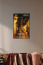 Seven Movie Brad Pitt Morgan Freeman in a cozy movie room above a brown sofa with popcorn.