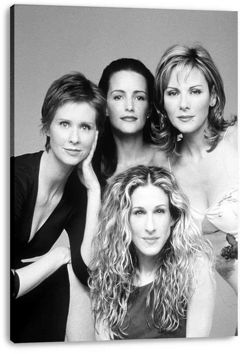 Sex and the City cast canvas wall art print featuring four women in a monochrome portrait with visible wrapped edges.