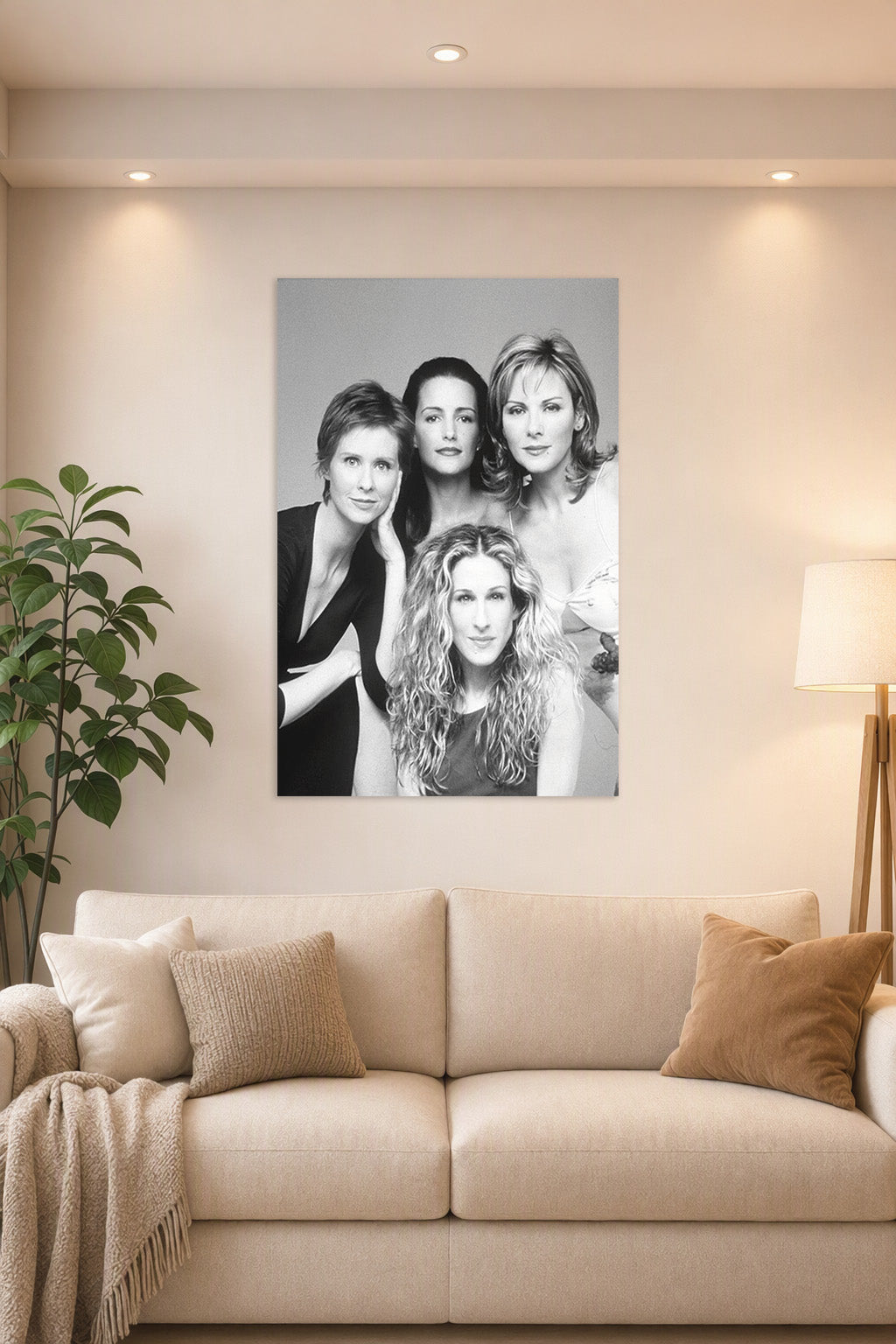Sex and the City Cast Black and White in a bright living room above a beige sofa.