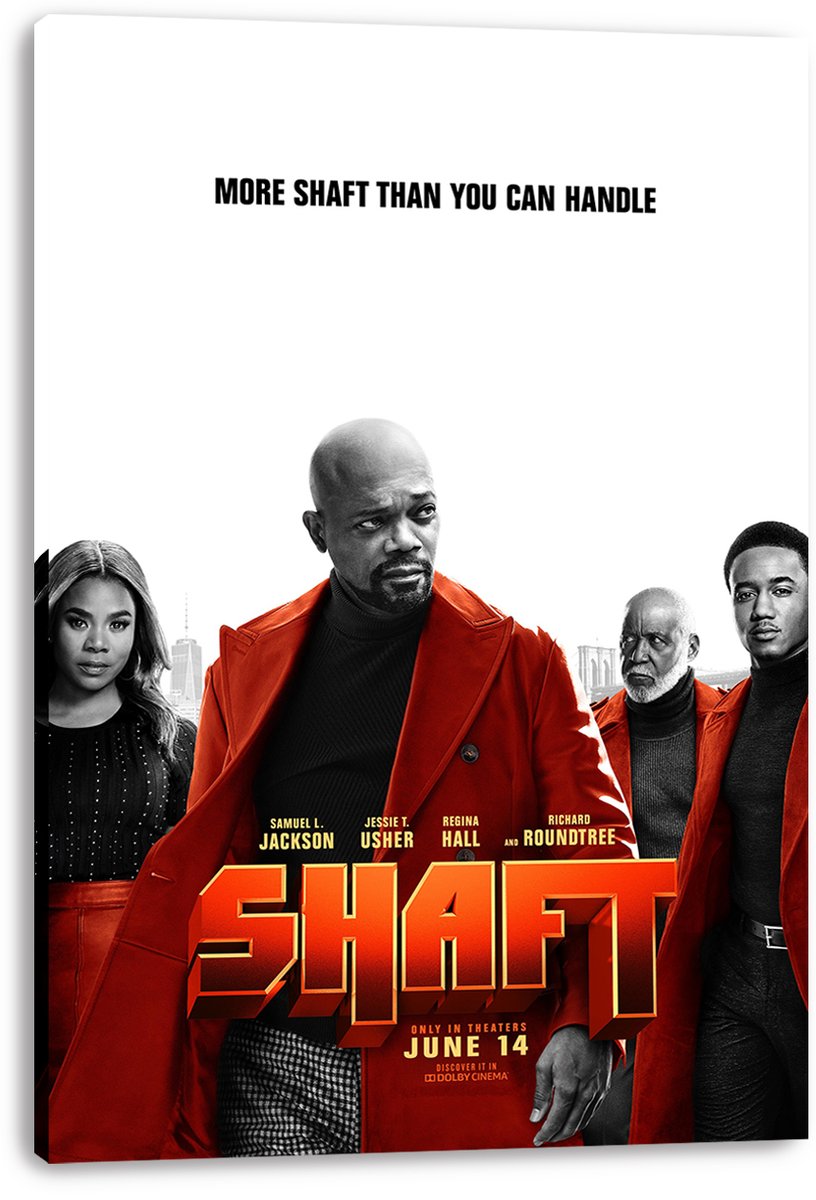 Shaft movie canvas wall art featuring four cast members in red coats, the orange title logo, and white gallery-style edges.