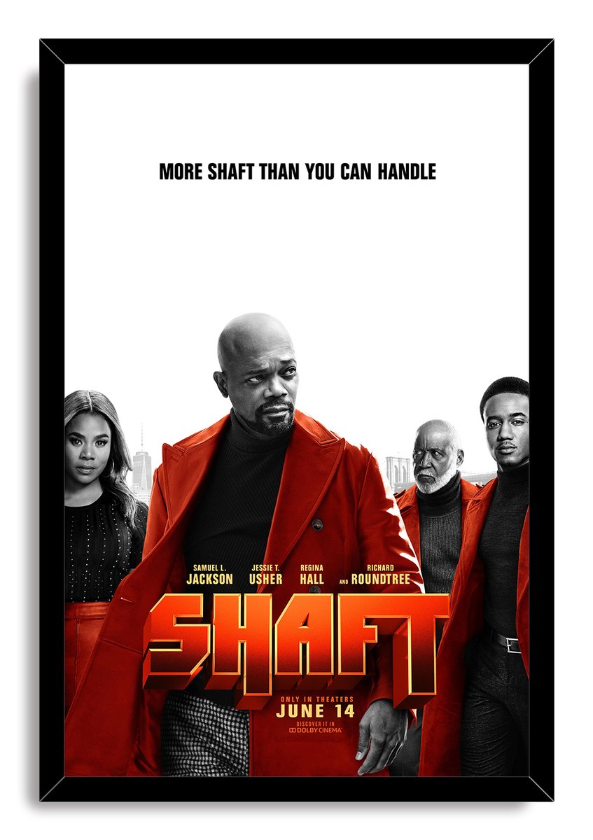 Shaft movie framed wall art print with four cast portraits in red coats, bold orange title lettering, and a black frame.