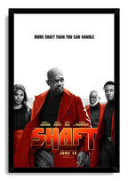 Shaft movie framed wall art print with four cast portraits in red coats, bold orange title lettering, and a black frame.