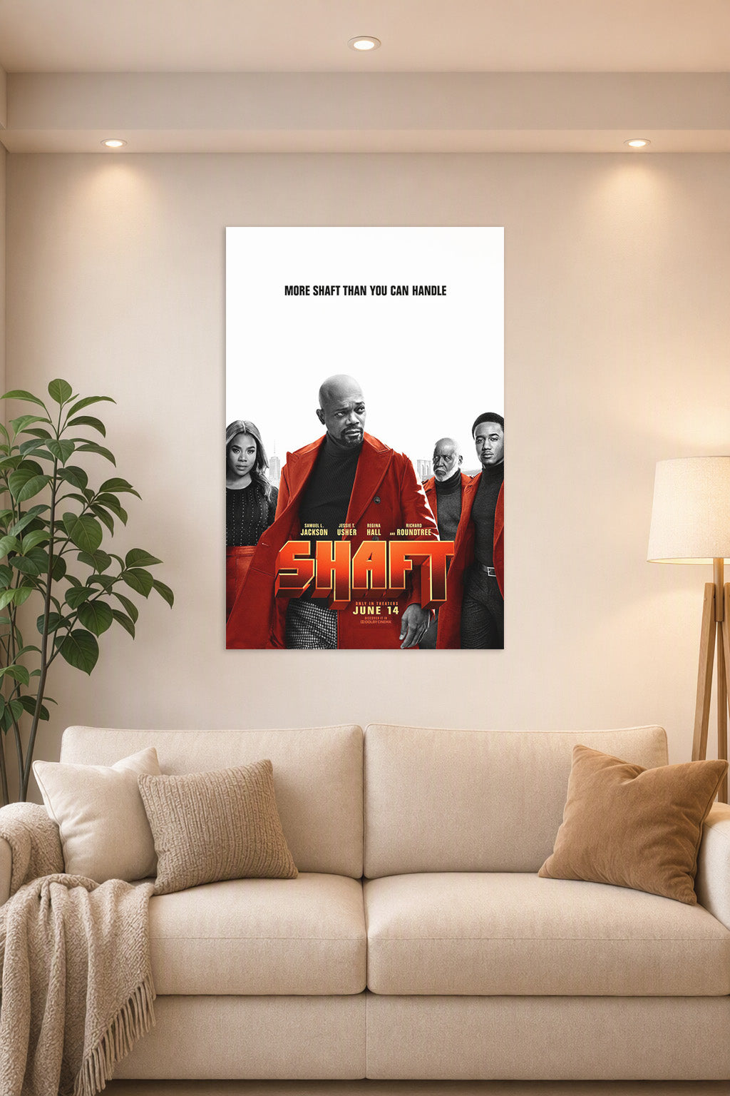 Shaft Movie Cast in a bright living room above a beige sofa.