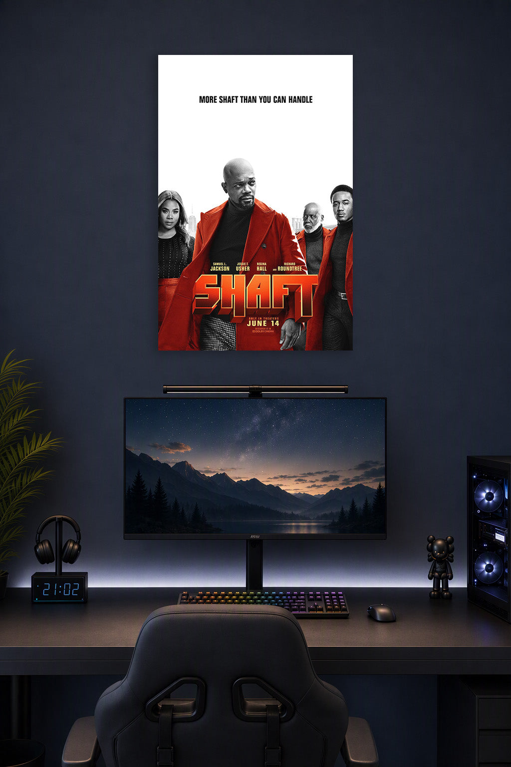 Shaft Movie Cast in a gaming desk setup above a monitor.