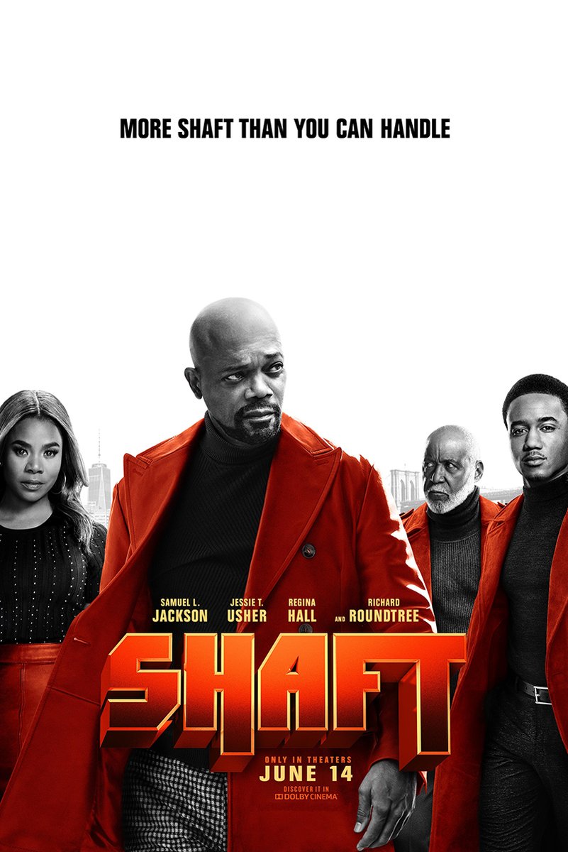 Shaft movie poster wall art with four cast portraits in red coats, a white skyline backdrop, and bold orange title text.