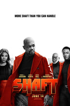 Shaft movie poster wall art with four cast portraits in red coats, a white skyline backdrop, and bold orange title text.