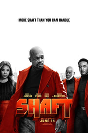 Shaft movie poster wall art with four cast portraits in red coats, a white skyline backdrop, and bold orange title text.