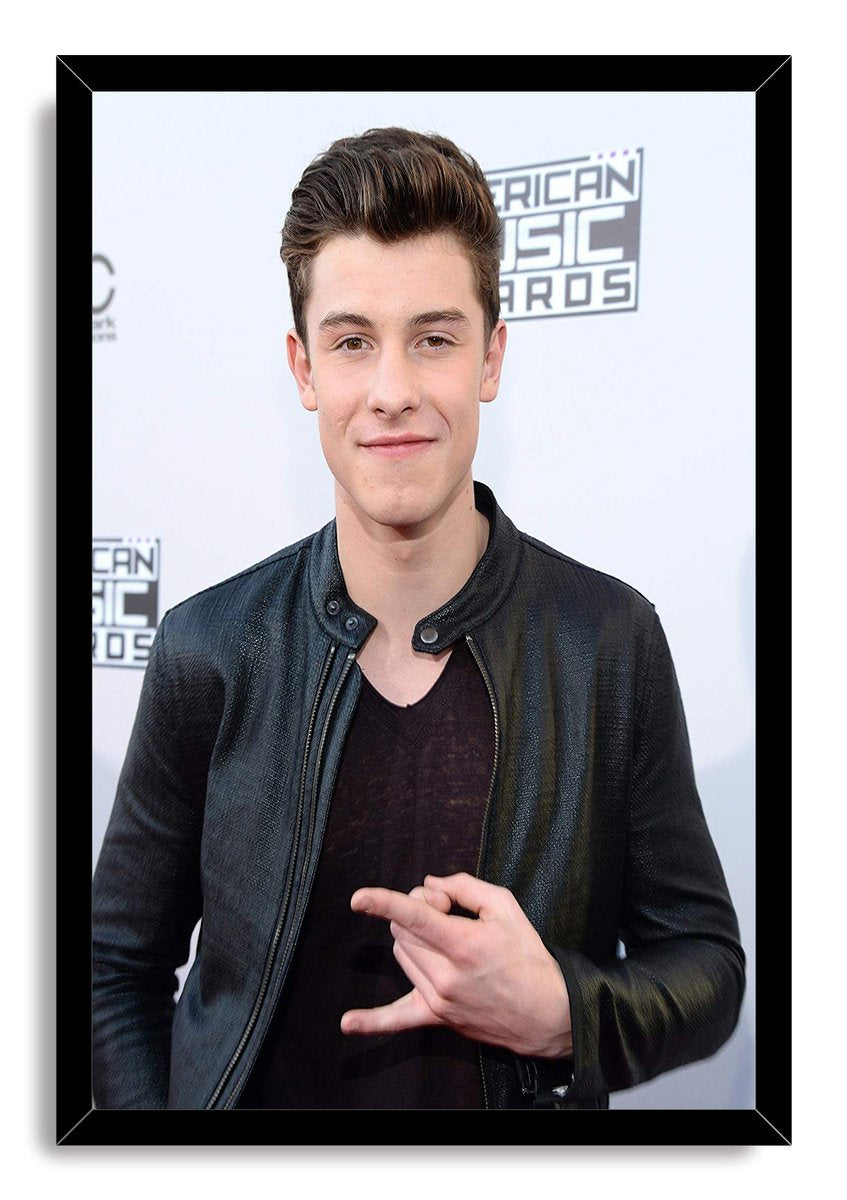 Shawn Mendes framed wall art print portraying the singer in a black leather jacket against a pale awards-event backdrop.