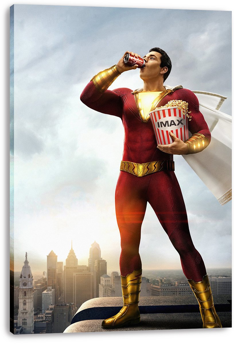 Shazam canvas wall art print featuring the caped hero in red and gold holding IMAX popcorn and a soda over the skyline.