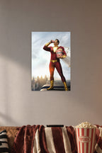 Shazam! in a cozy movie room above a brown sofa with popcorn.