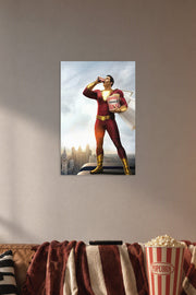Shazam! in a cozy movie room above a brown sofa with popcorn.