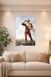 Shazam! in a bright living room above a beige sofa.