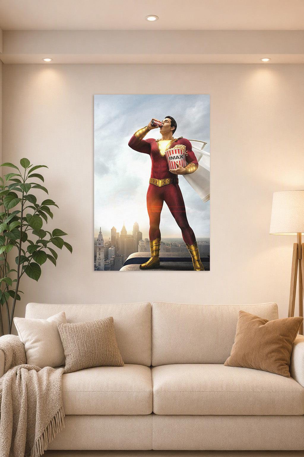 Shazam! in a bright living room above a beige sofa.