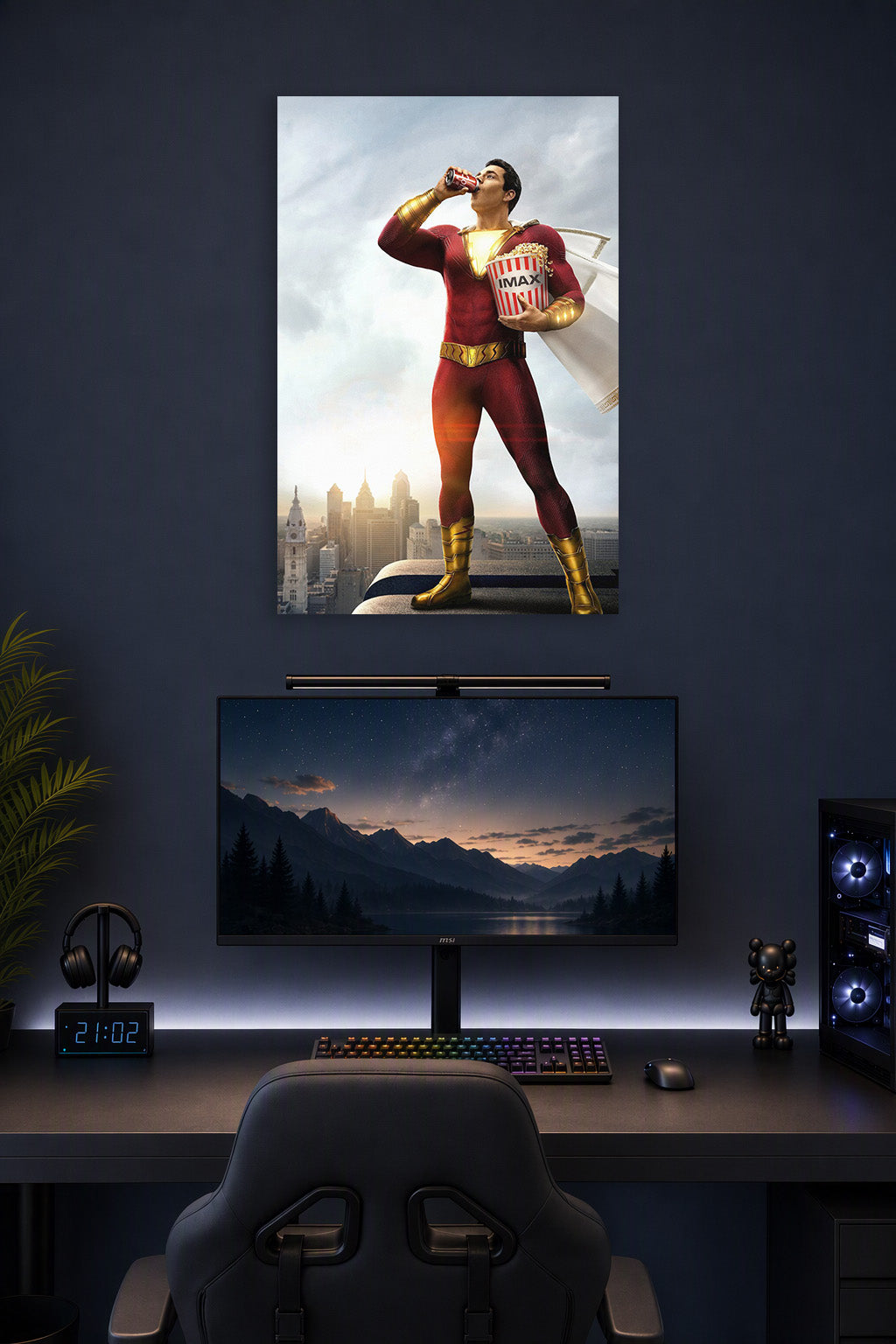 Shazam! in a gaming desk setup above a monitor.