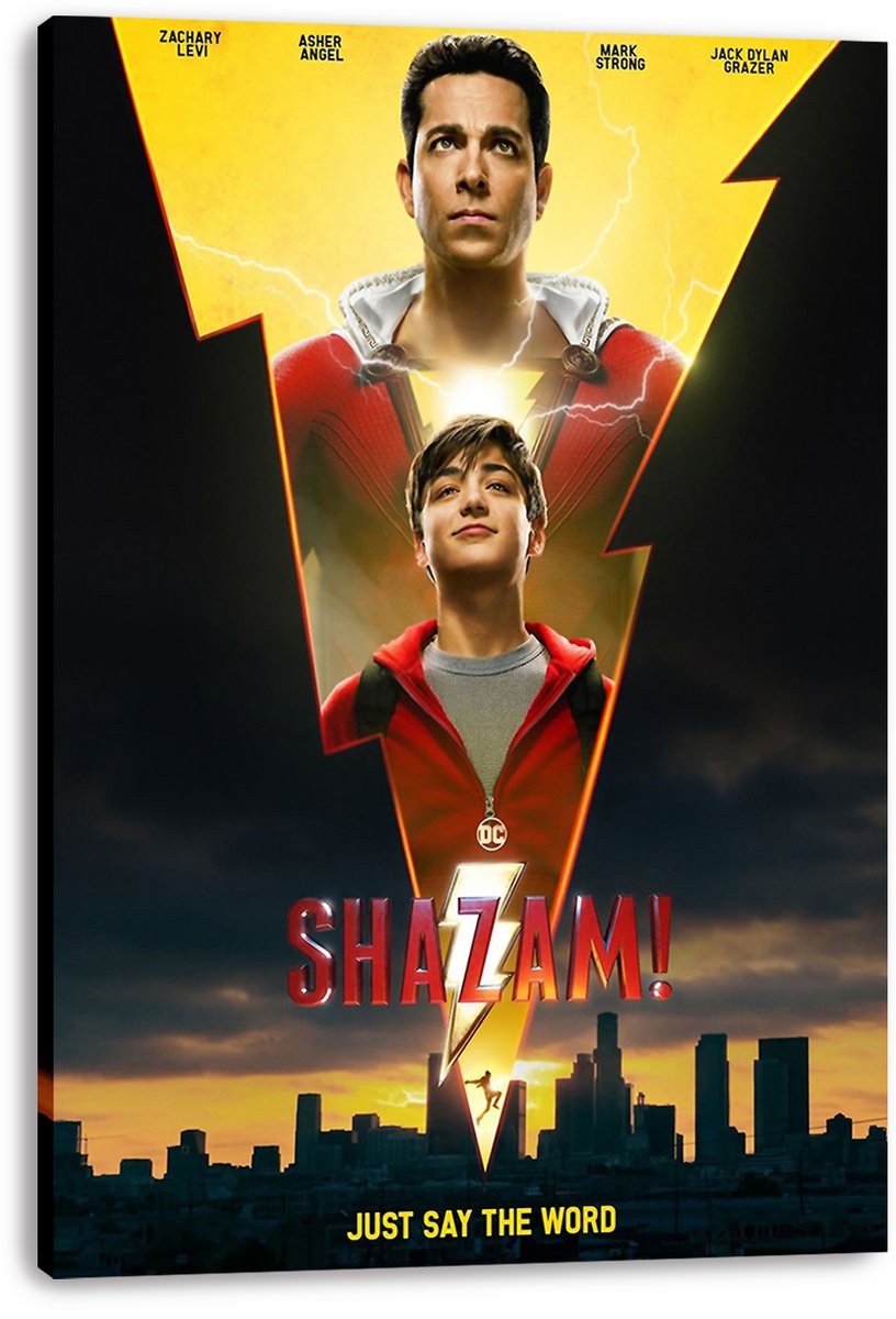 Shazam! canvas wall art print displaying Shazam and Billy Batson in a lightning-bolt design over dark clouds and a golden city sunset.