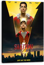 Shazam! canvas wall art print displaying Shazam and Billy Batson in a lightning-bolt design over dark clouds and a golden city sunset.