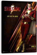 Shazam! canvas wall art print featuring the red-and-gold superhero texting, with a pink bubblegum bubble and lightning logo.