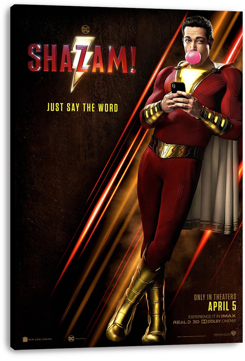 Shazam! canvas wall art print featuring the red-and-gold superhero texting, with a pink bubblegum bubble and lightning logo.