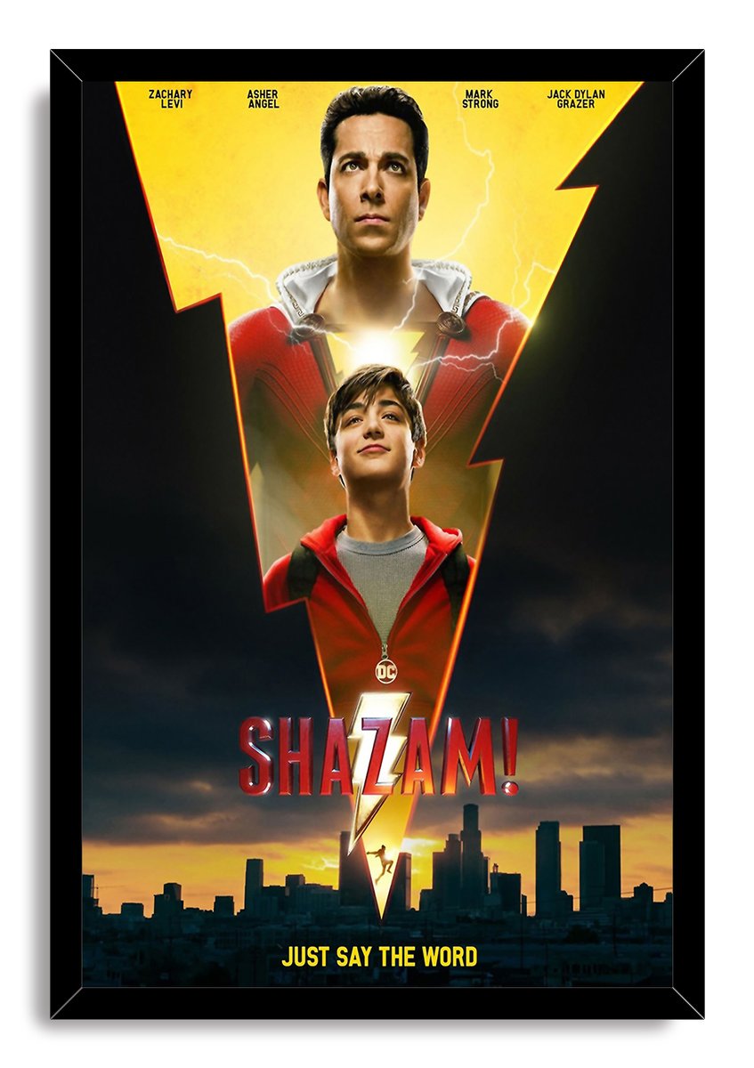 Shazam! framed wall art print featuring Shazam above Billy Batson, bright lightning, red title text, and a silhouetted skyline at sunset.