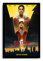 Shazam! framed wall art print featuring Shazam above Billy Batson, bright lightning, red title text, and a silhouetted skyline at sunset.