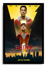 Shazam! framed wall art print featuring Shazam above Billy Batson, bright lightning, red title text, and a silhouetted skyline at sunset.