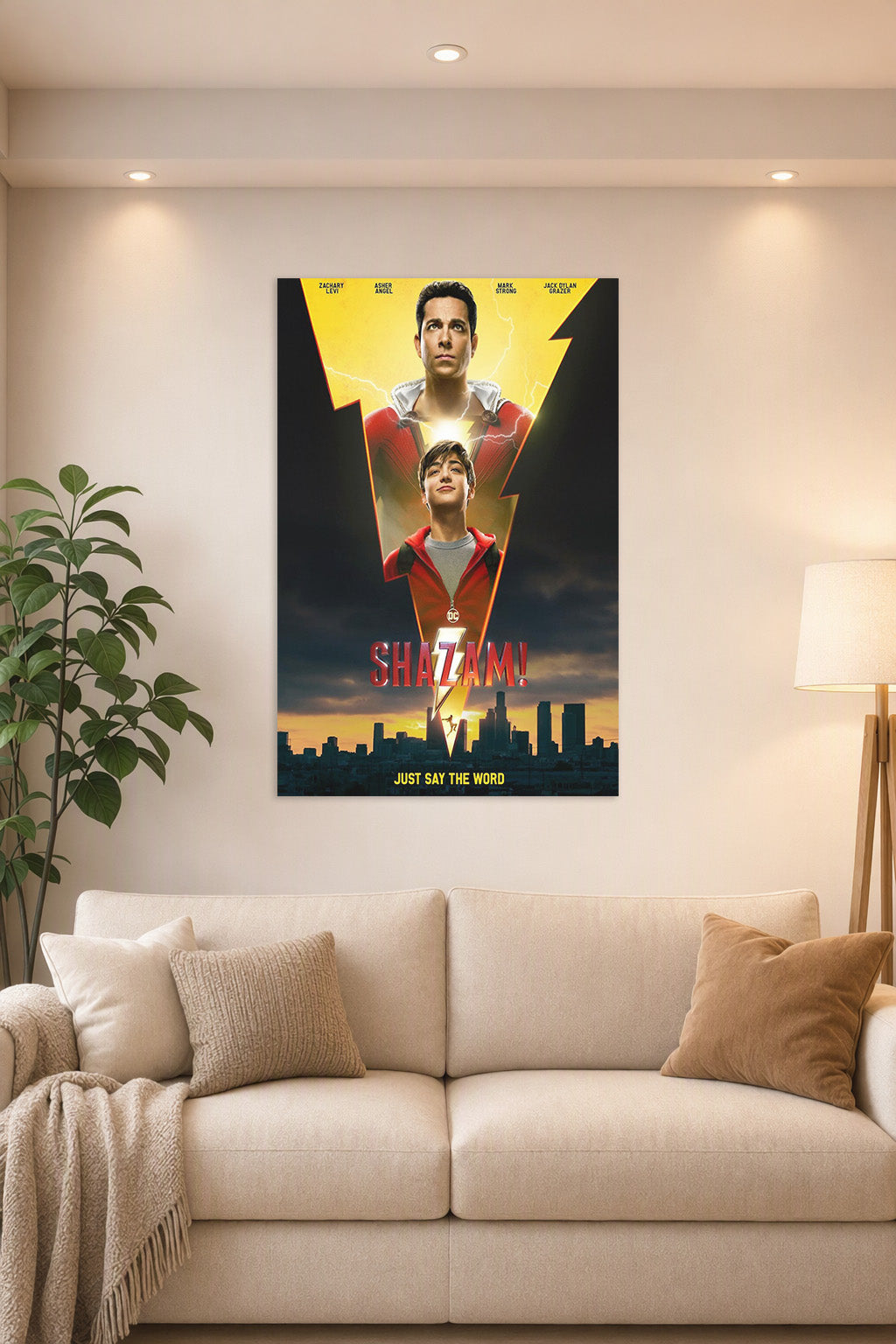 Shazam! Movie in a bright living room above a beige sofa.
