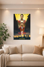 Shazam! Movie in a bright living room above a beige sofa.