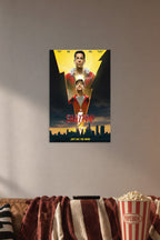 Shazam! Movie in a cozy movie room above a brown sofa with popcorn.