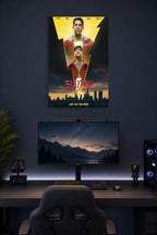 Shazam! Movie in a gaming desk setup above a monitor.