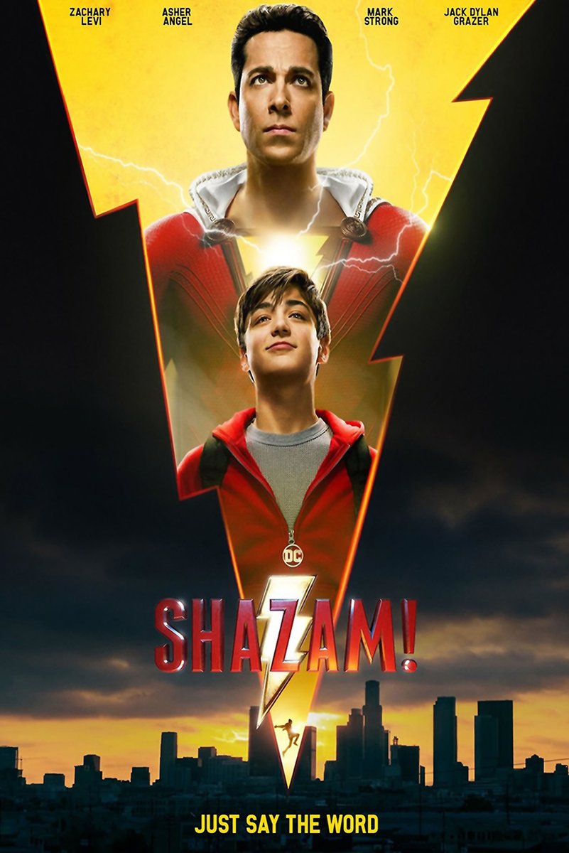 Shazam! movie poster wall art print with Shazam and Billy Batson inside a glowing yellow lightning bolt above a sunset city skyline.