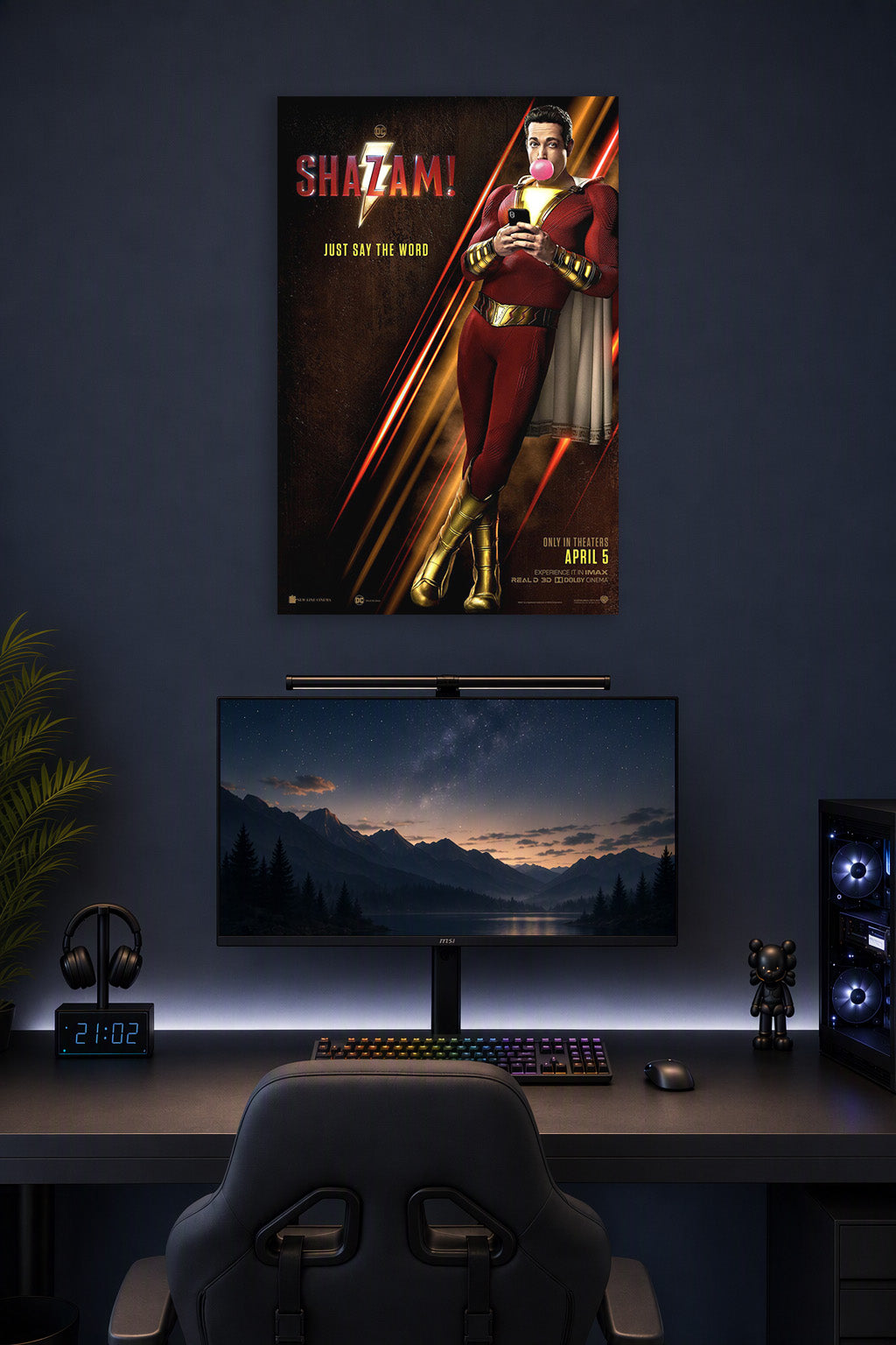 Shazam Movie in a gaming desk setup above a monitor.