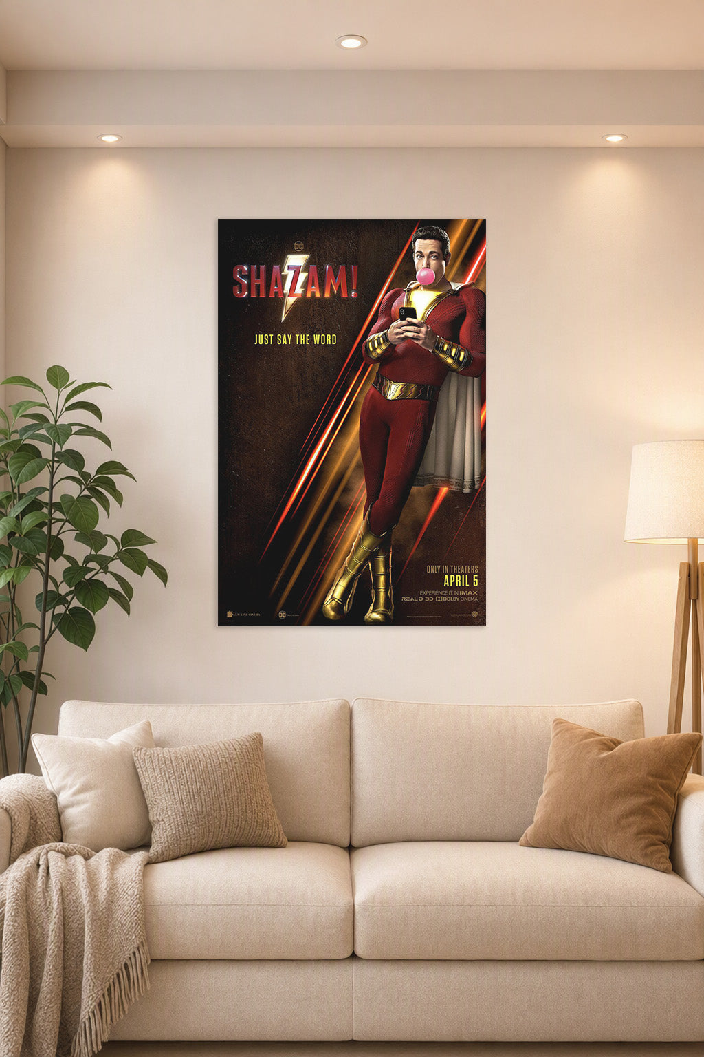 Shazam Movie in a bright living room above a beige sofa.