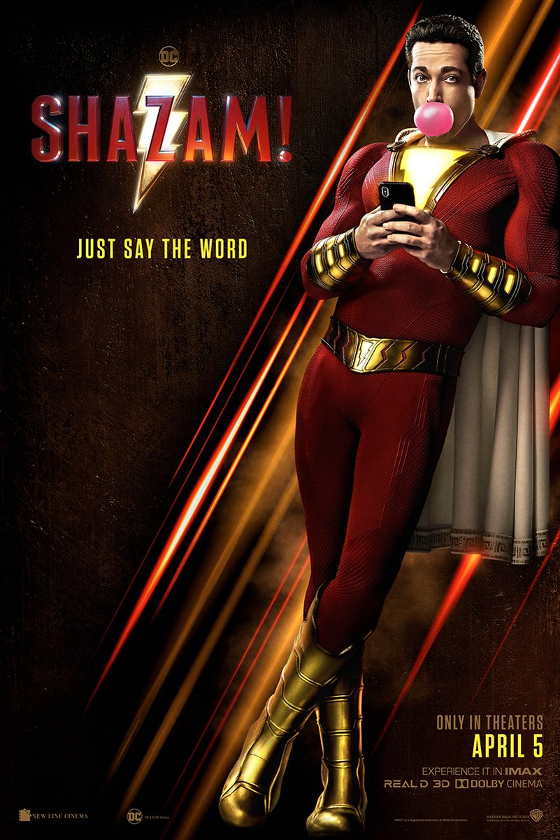 Shazam! movie poster wall art print with the red-suited hero blowing pink bubblegum while holding a phone against gold streaks.