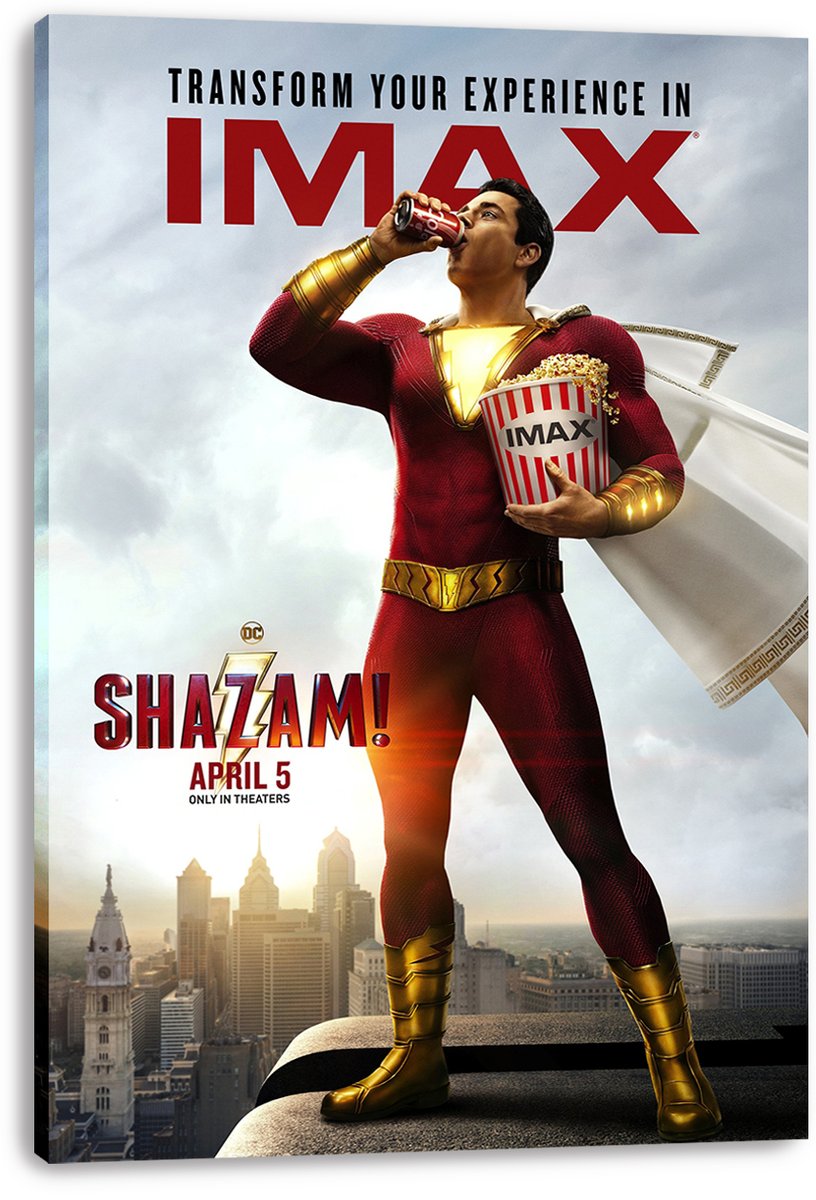 Shazam canvas wall art print shows the caped superhero in a red and gold suit with a drink and IMAX popcorn bucket.