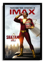 Shazam framed wall art print features the red-suited hero holding popcorn and a drink, with a cloudy city backdrop and black frame.