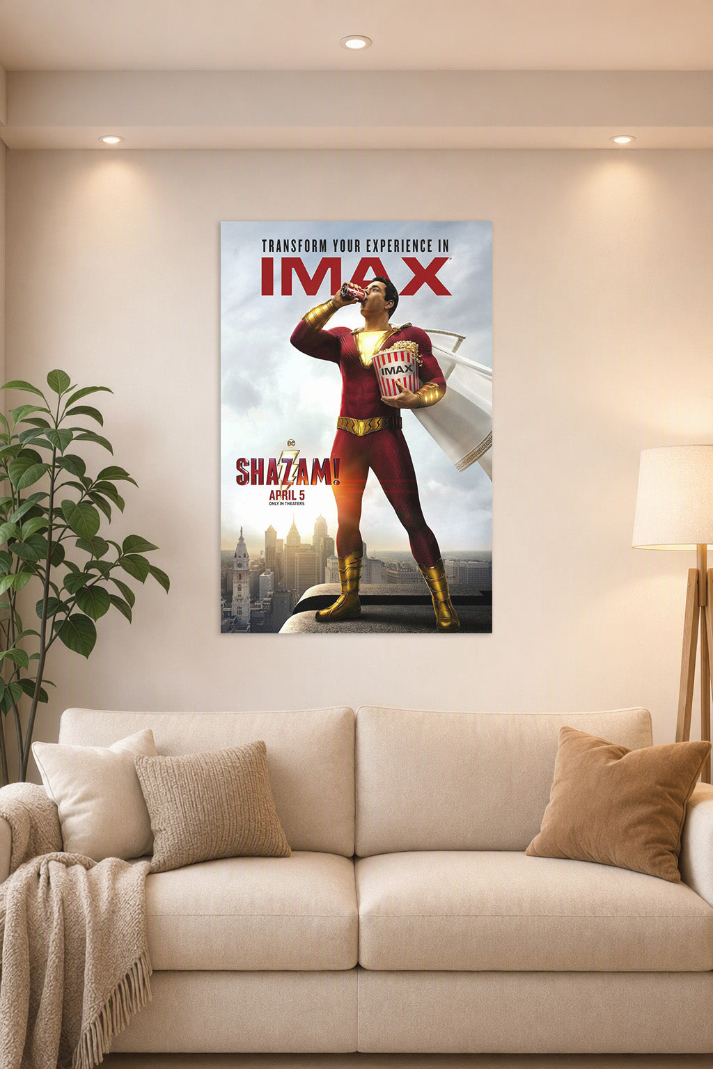 Shazam Movie Poster in a bright living room above a beige sofa.