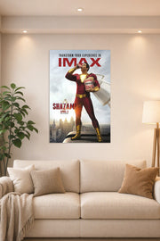 Shazam Movie Poster in a bright living room above a beige sofa.