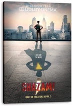Shazam movie poster canvas print of a boy facing a sunlit city skyline, with a lightning-bolt superhero shadow on pavement.