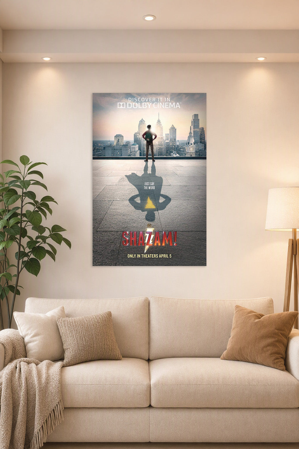 Shazam Superhero Movie in a bright living room above a beige sofa.