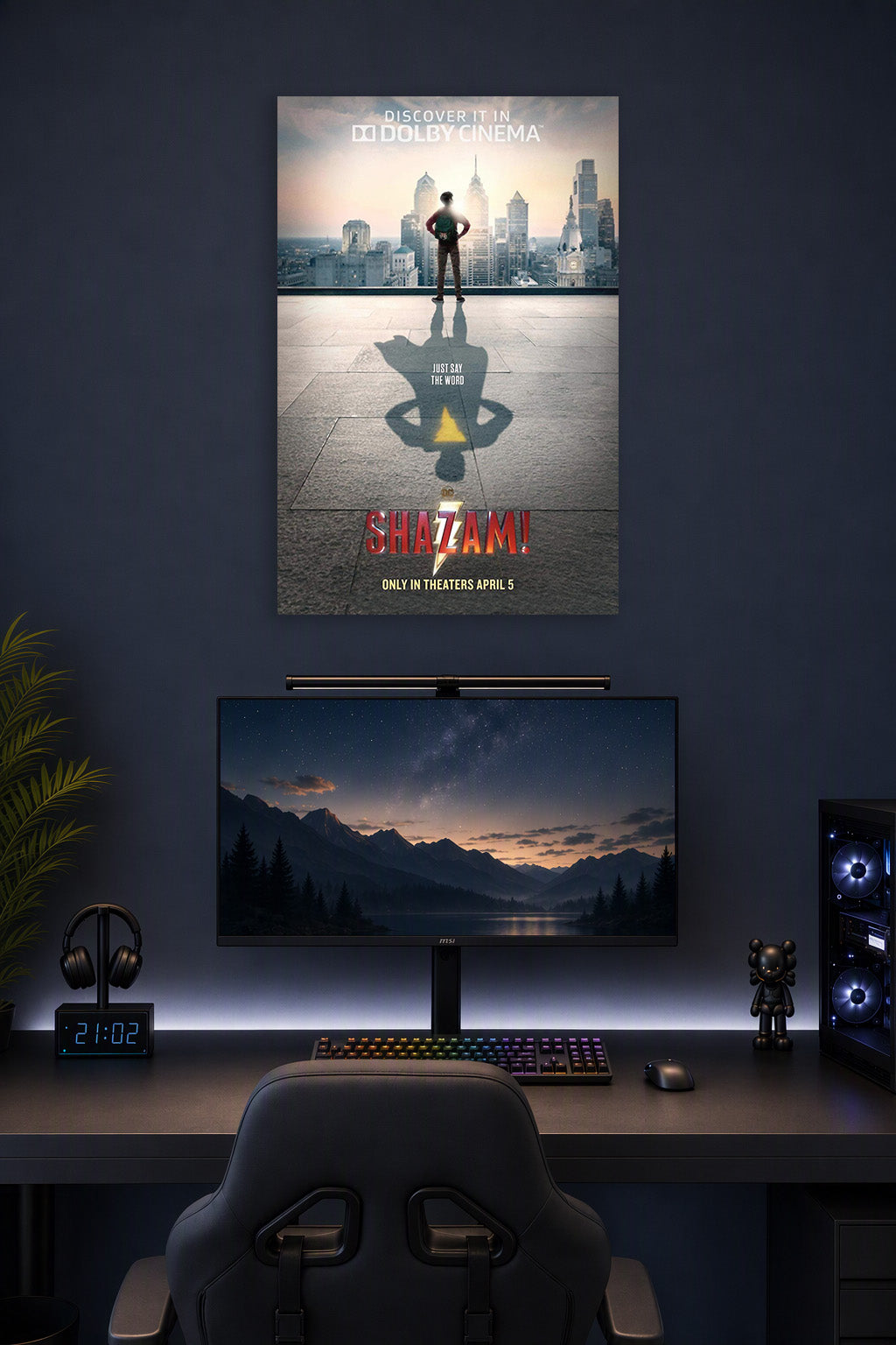 Shazam Superhero Movie in a gaming desk setup above a monitor.