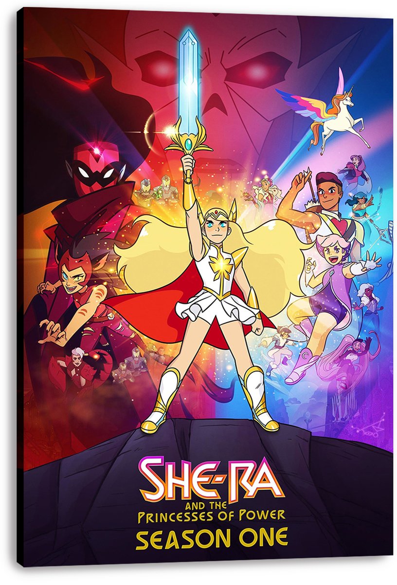 She-Ra and the Princesses of Power canvas wall art print featuring She-Ra, her raised sword, heroes, villains, and Swift Wind.