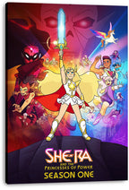 She-Ra and the Princesses of Power canvas wall art print featuring She-Ra, her raised sword, heroes, villains, and Swift Wind.