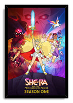 She-Ra and the Princesses of Power framed wall art print with She-Ra holding her sword aloft amid colorful heroes and villains.