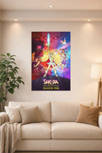 She-Ra and the Princesses of Power in a bright living room above a beige sofa.