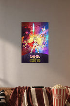 She-Ra and the Princesses of Power in a cozy movie room above a brown sofa with popcorn.