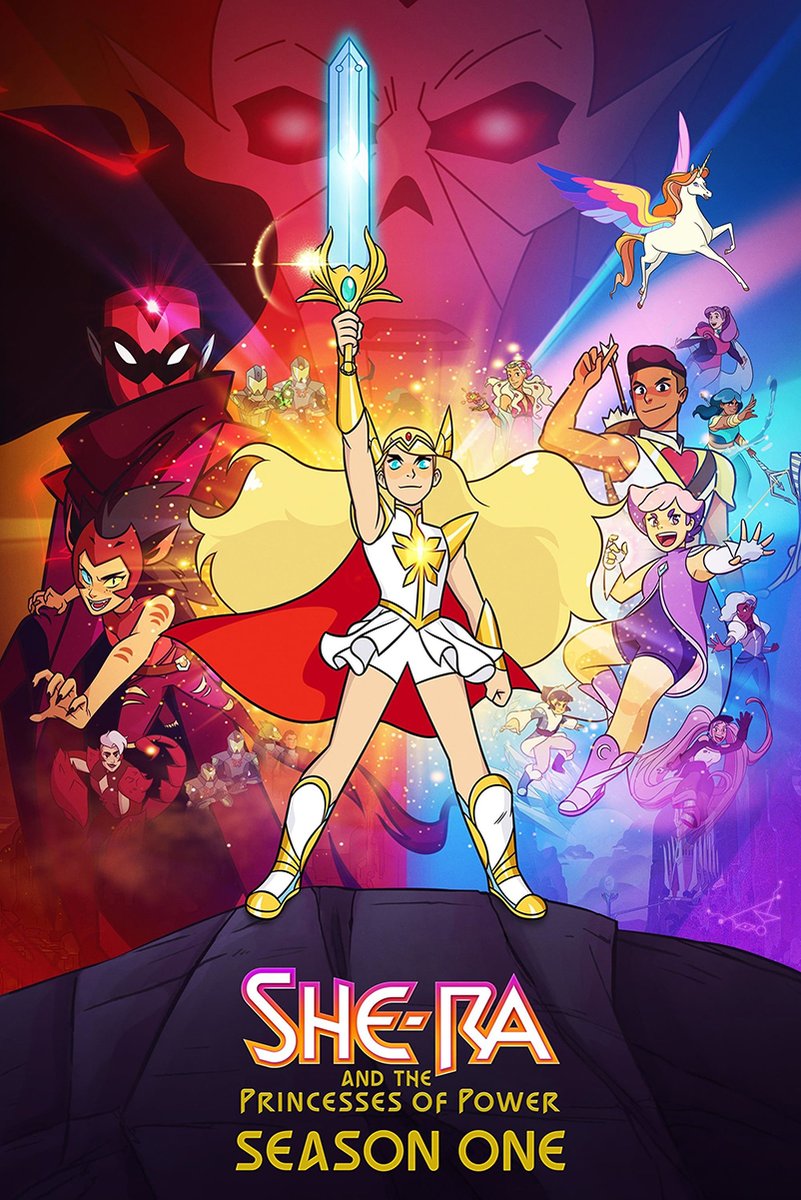 She-Ra and the Princesses of Power poster with She-Ra raising a glowing sword, allies, villains, and Swift Wind.
