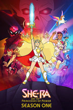 She-Ra and the Princesses of Power poster with She-Ra raising a glowing sword, allies, villains, and Swift Wind.