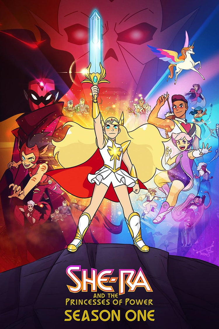 She-Ra and the Princesses of Power poster with She-Ra raising a glowing sword, allies, villains, and Swift Wind.
