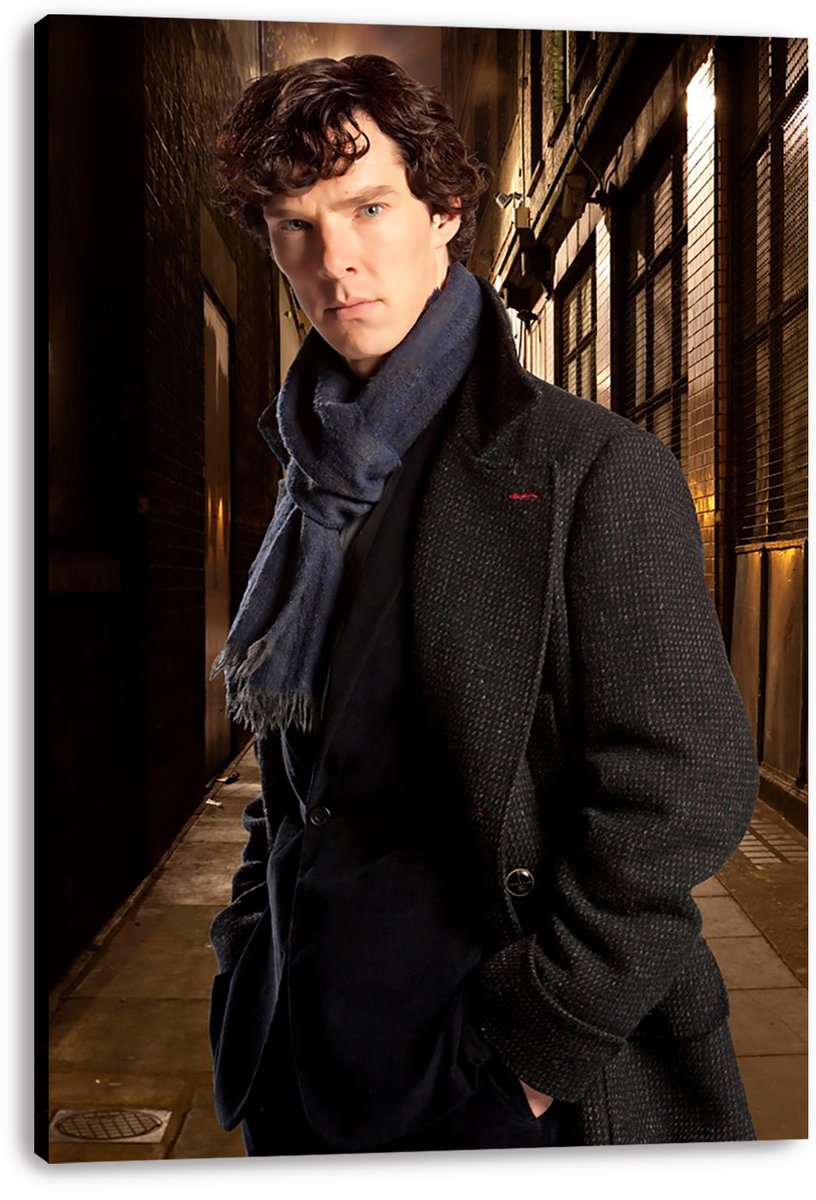 Sherlock Holmes canvas wall art print features the detective in a charcoal overcoat and blue scarf against a shadowy brick alley.