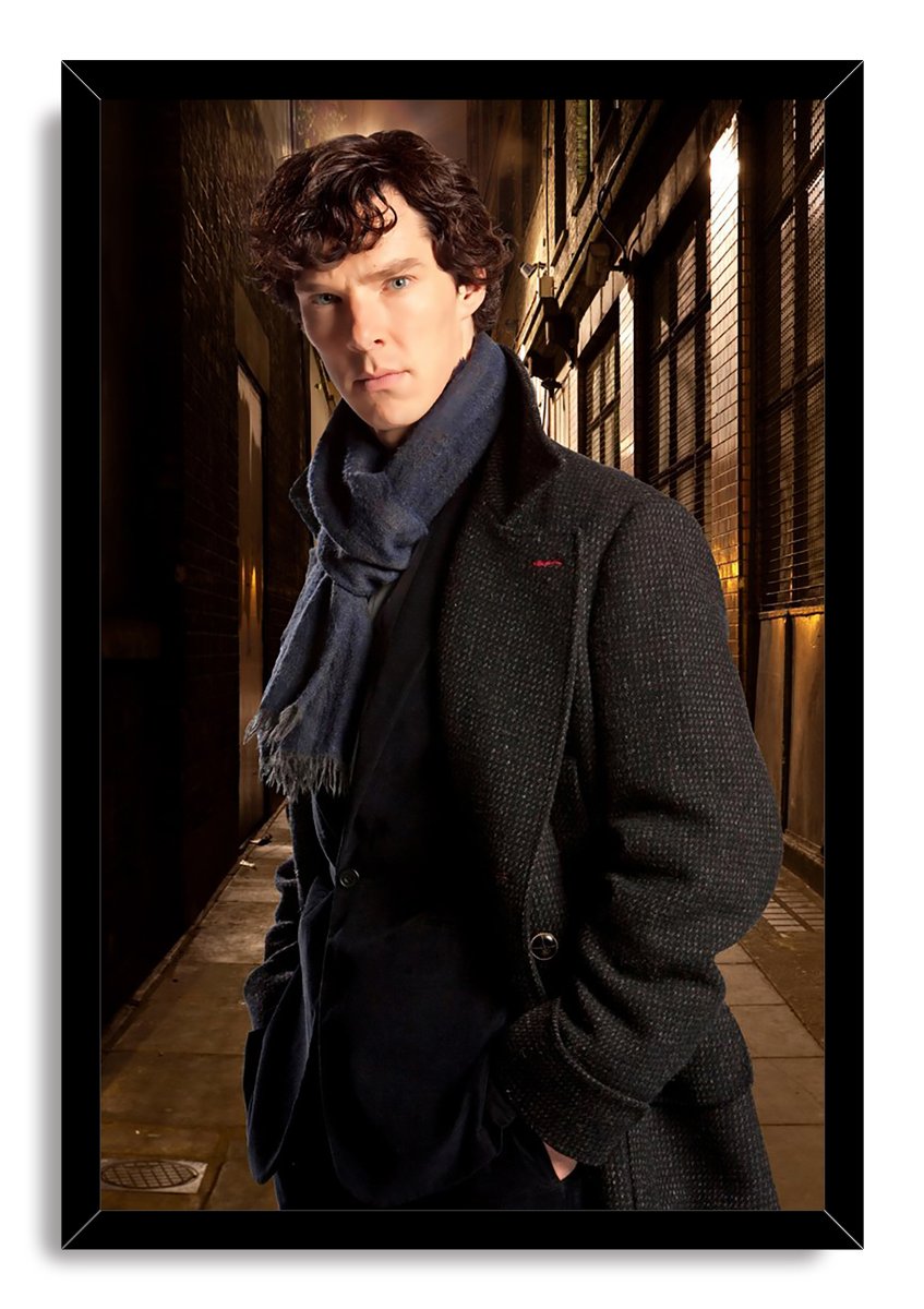 Sherlock Holmes framed wall art print depicts a serious man in a textured dark coat and blue scarf in a dim urban passage.